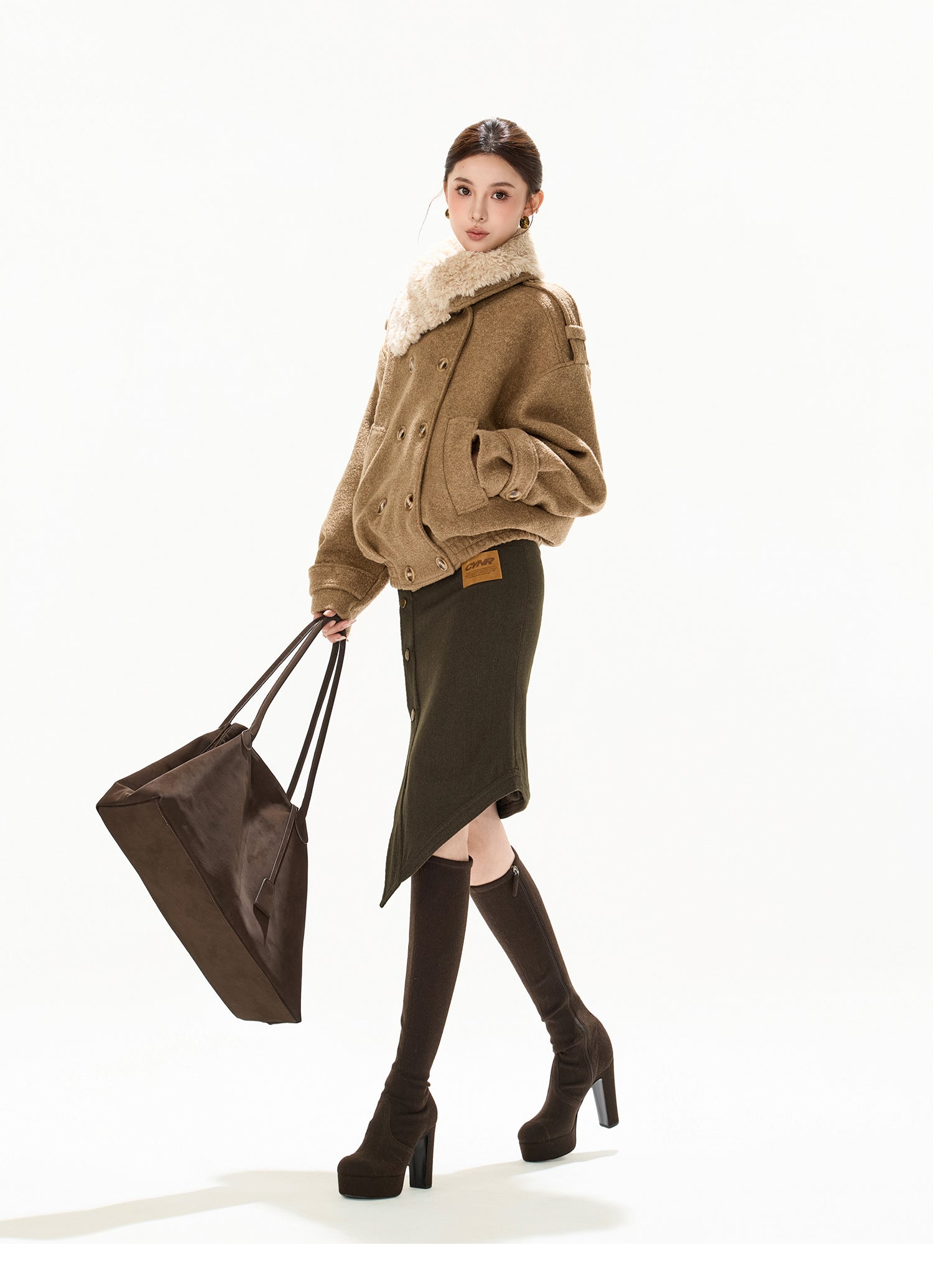 ASYMMETRIC FUR COLLAR WOOL COAT – BIBIDO