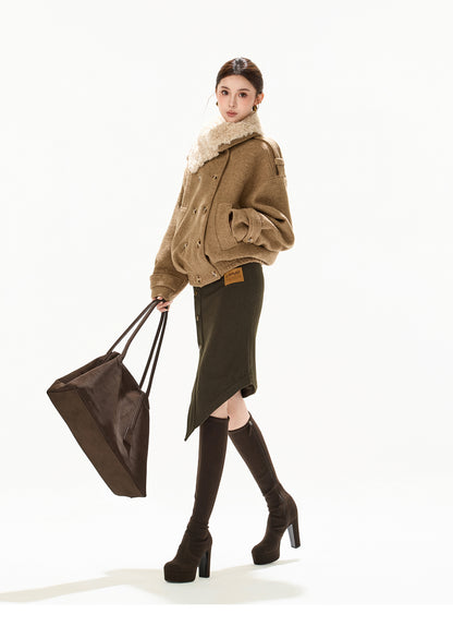 ASYMMETRIC FUR COLLAR WOOL COAT