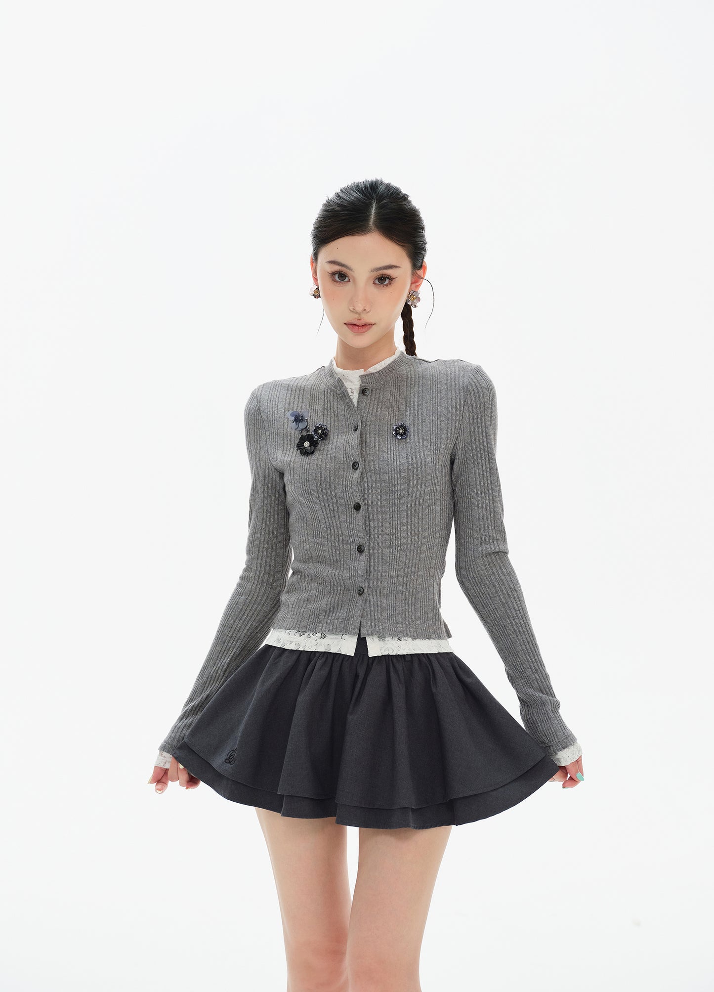 CELEBRITY LACE STITCHING KNIT CARDIGAN & HIGH WAIST PUFFY MINI SKIRT