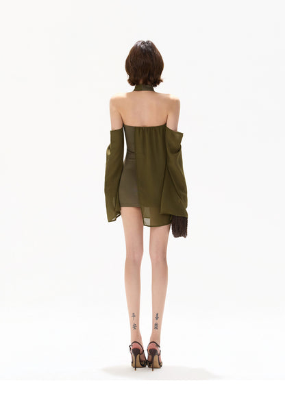 【日本在庫 】HALTER CHIFFON CUTOUT RESORT MINI DRESS