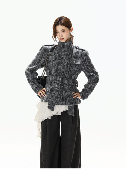 STRIPED TWEED WAISTED WOOL COAT