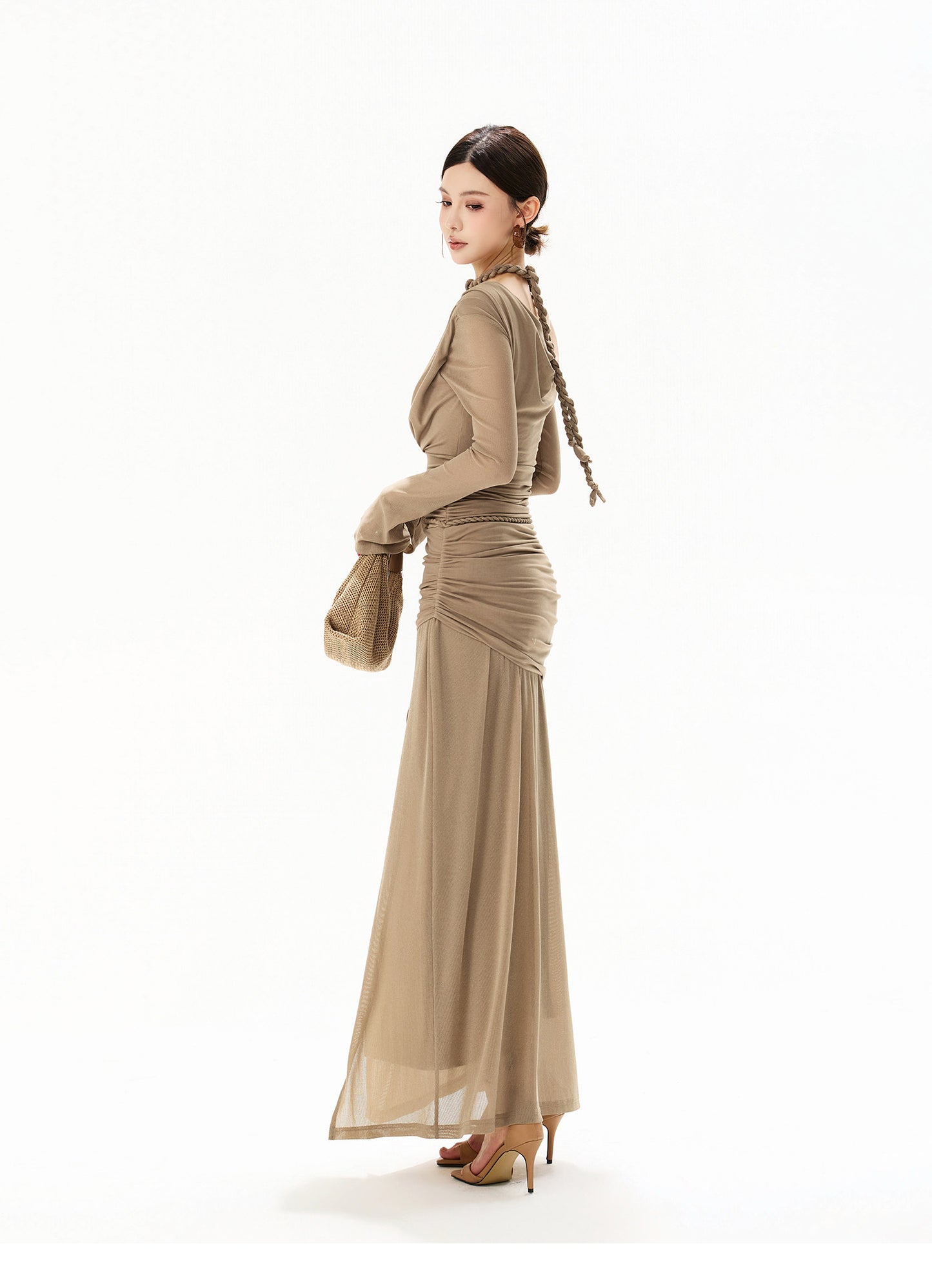 【日本在庫 】FRENCH HALTER KNIT TULLE MAXI DRESS