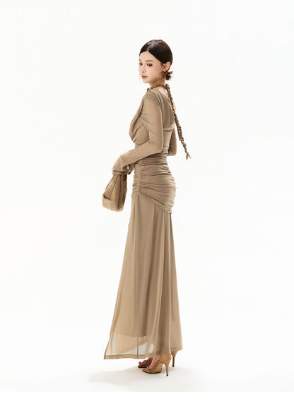 【日本在庫 】FRENCH HALTER KNIT TULLE MAXI DRESS
