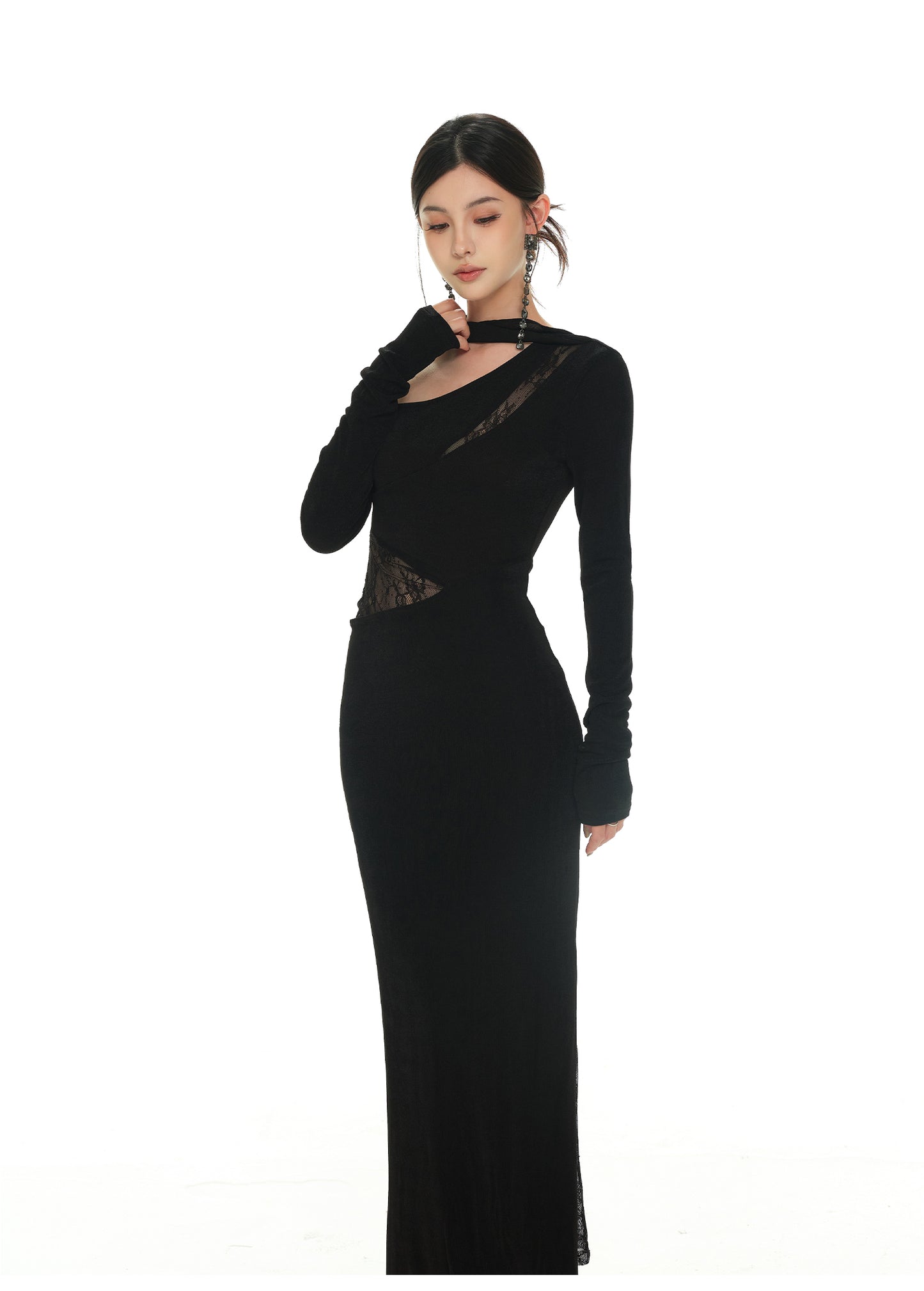 LACE PATCHWORK KNITTED SLIM ONE-PIECE