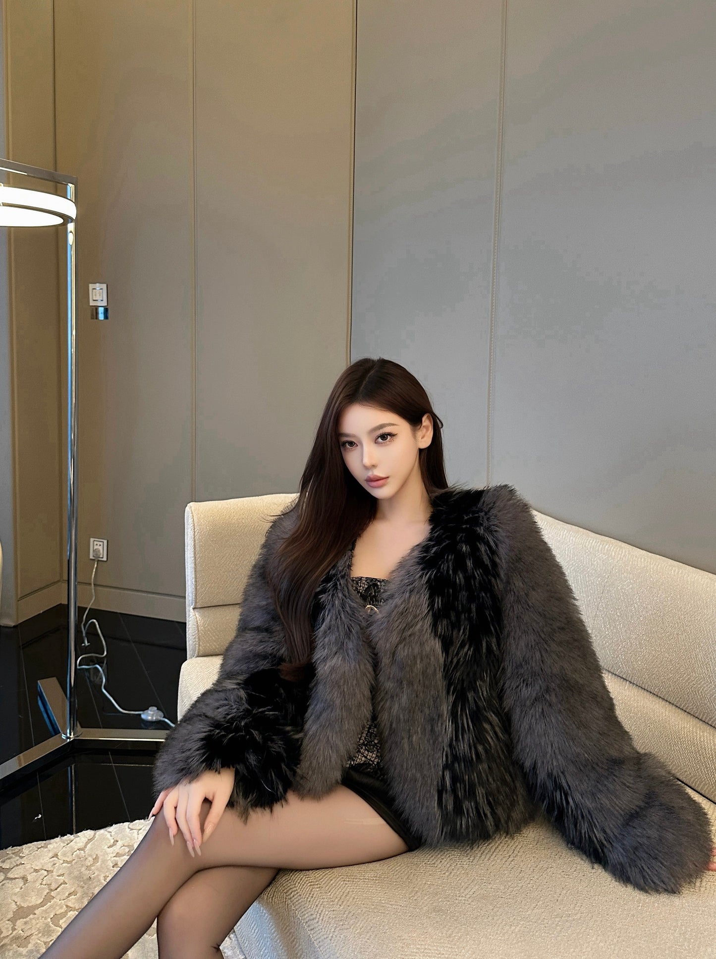 CRYSTAL BACKLESS EVENING DRESS & COLOR BLOCK ECO FUR JACKET