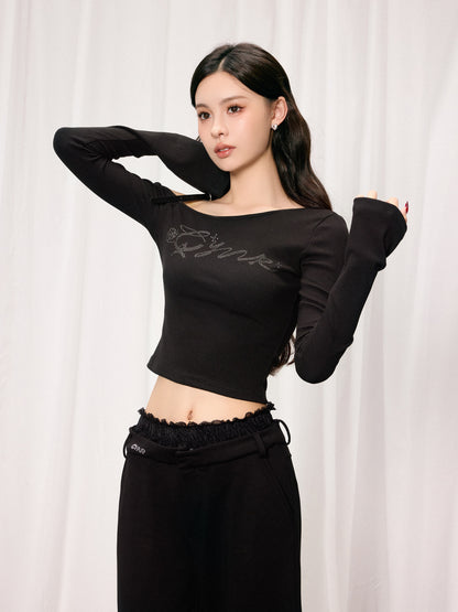 OFF-SHOULDER KNITTED RHINESTONE TOP & LACE PATCHWORK WIDE-LEG PANTS