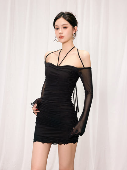 CHUNYU STYLE LACE-UP HALTER PLEATED DRESS