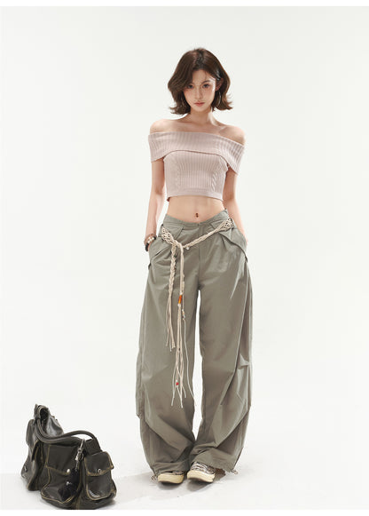 RETRO OFF-SHOULDER CABLE CROP TOP & LOW WAIST CARGO LOOSE PANTS