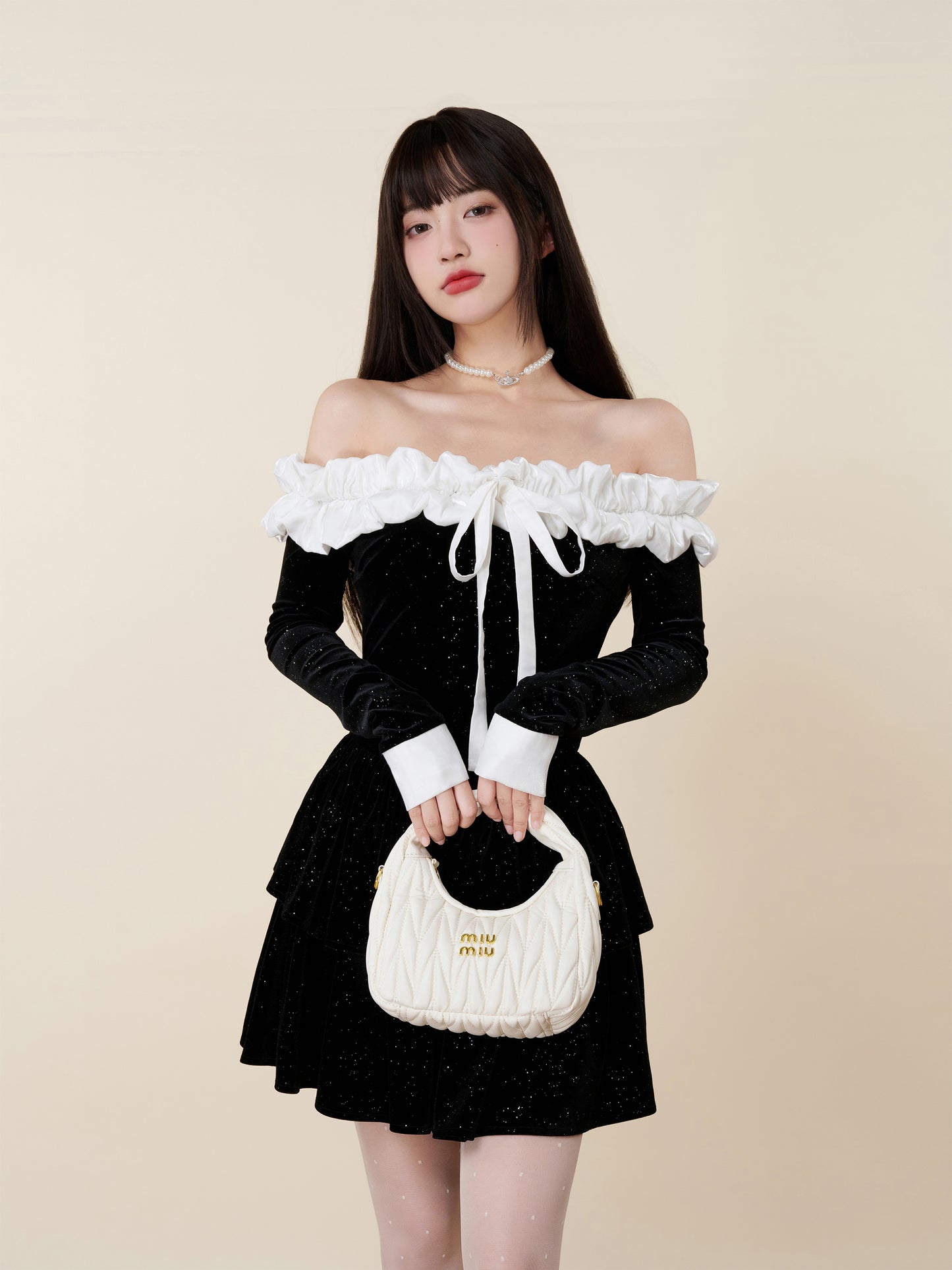 VELVET ONE-SHOULDER WAIST DRESS