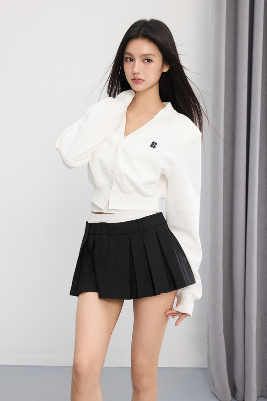 V-NECK WAISTED SHORT WHITE CARDIGAN