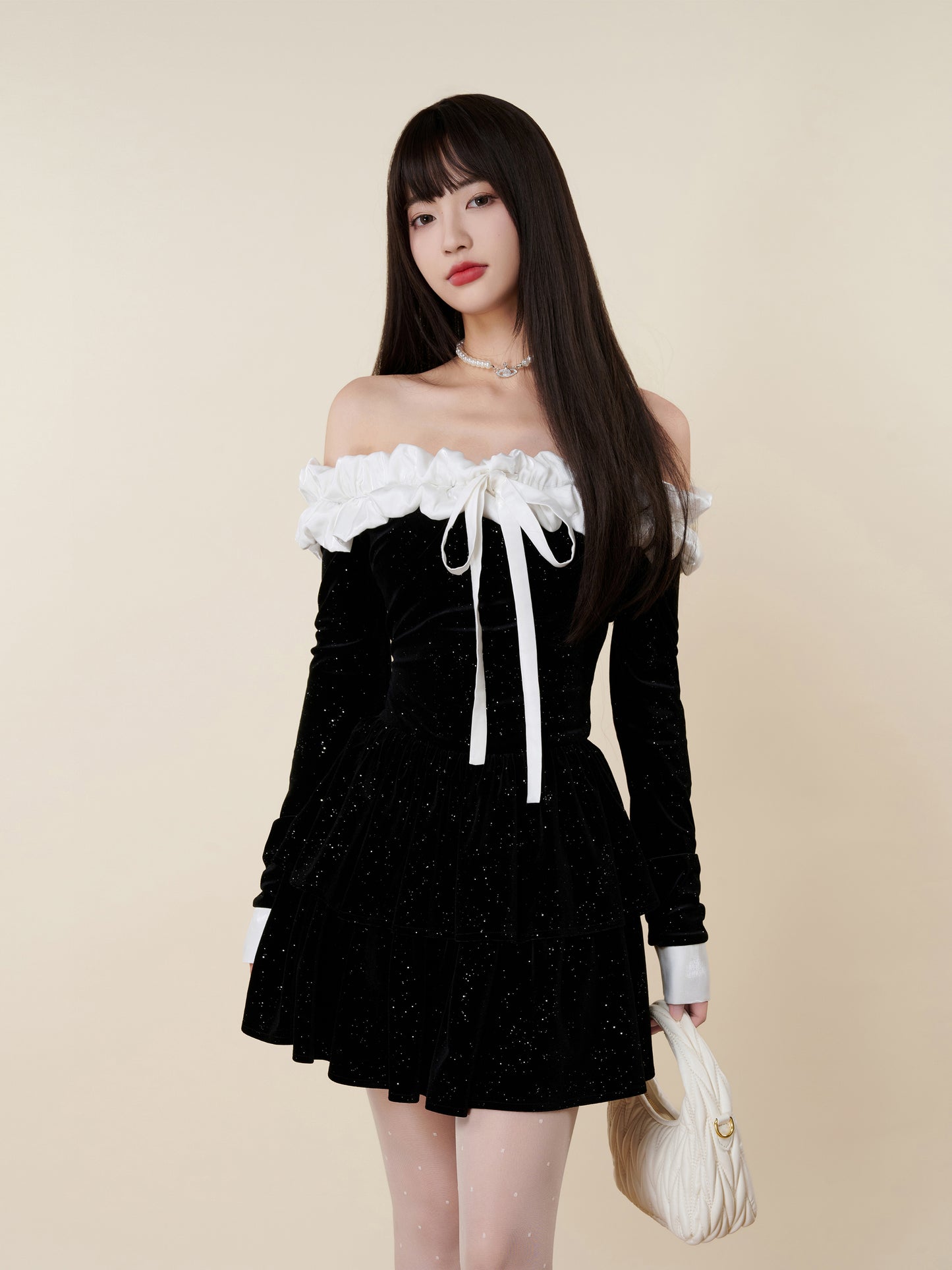 VELVET ONE-SHOULDER WAIST DRESS