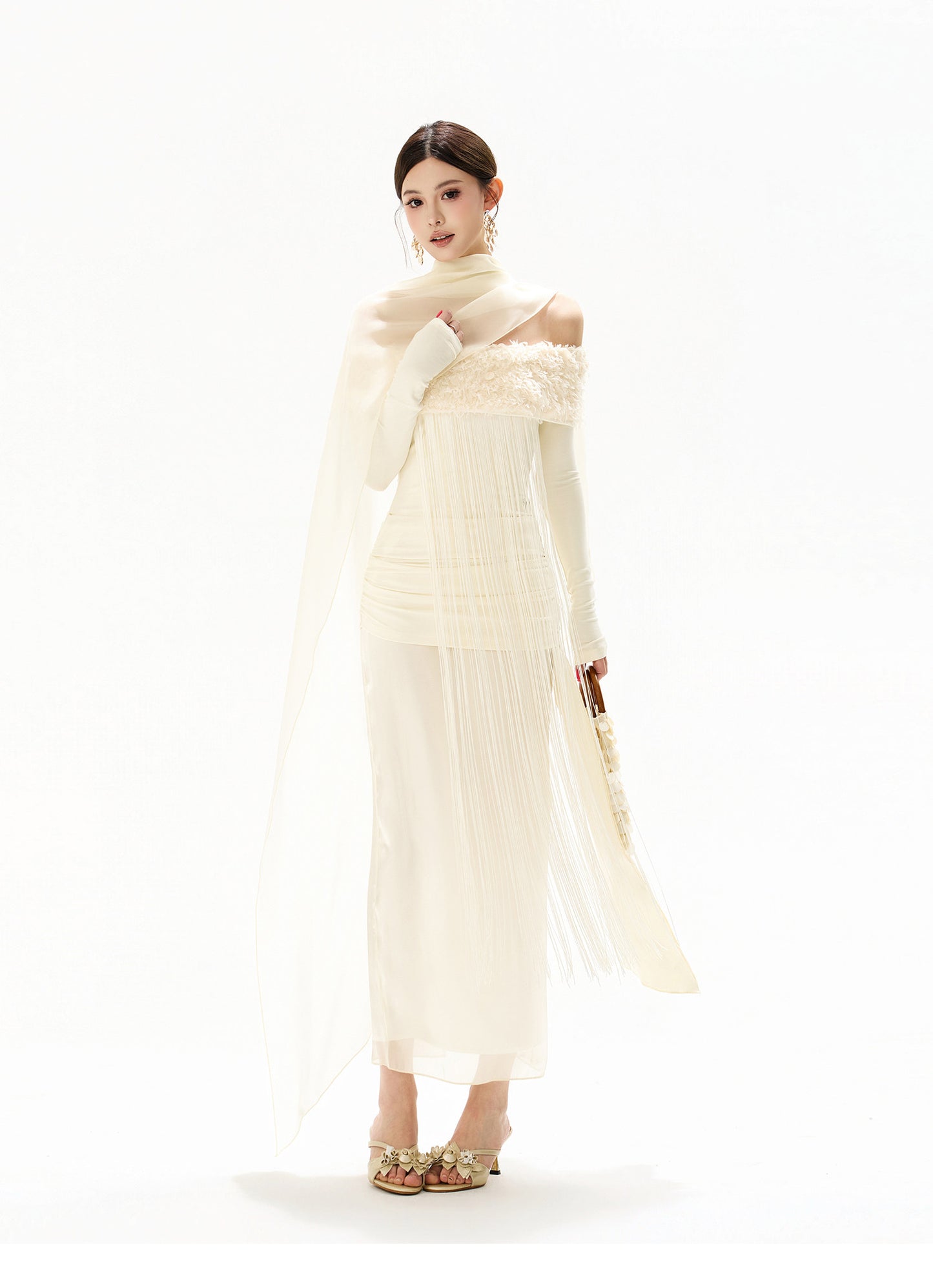 FEATHER SEQUIN OFF SHOULDER FRINGE DRESS