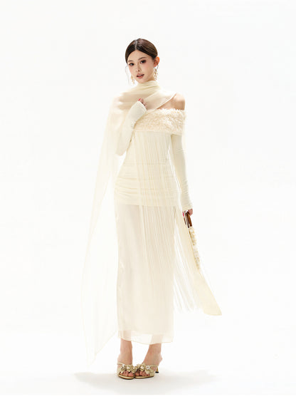 FEATHER SEQUIN OFF SHOULDER FRINGE DRESS