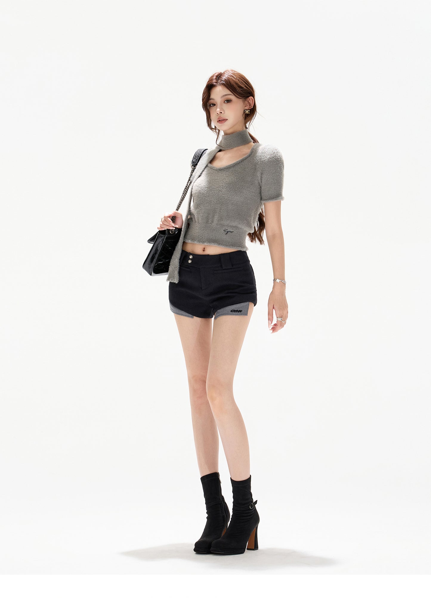 COZY TIE-FRONT HEART NECK SWEATER & PATCH WOOL SHORTS SET