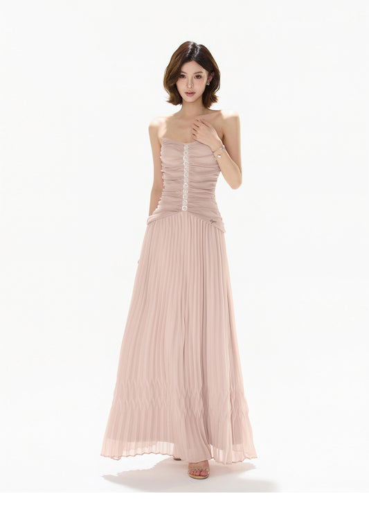 RHINESTONE PLEATED TULLE STRAPLESS DRESS