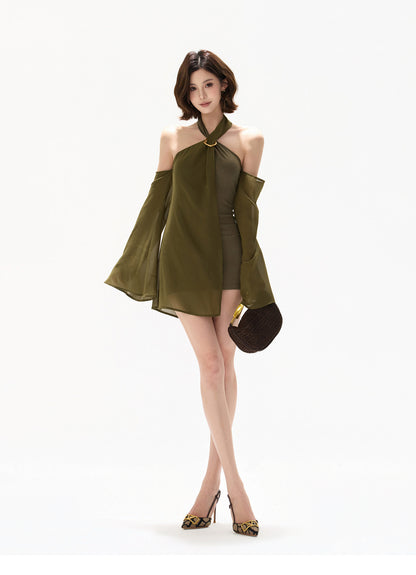 【日本在庫 】HALTER CHIFFON CUTOUT RESORT MINI DRESS