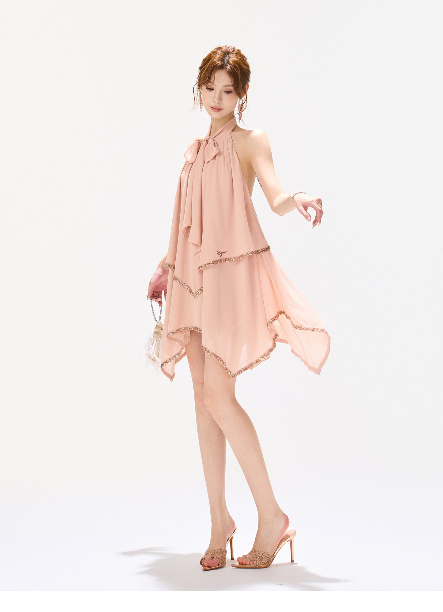SEQUIN HALTER CASCADE DRESS
