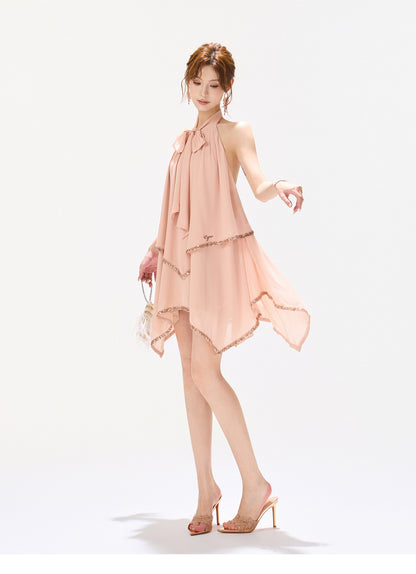 SEQUIN HALTER CASCADE DRESS