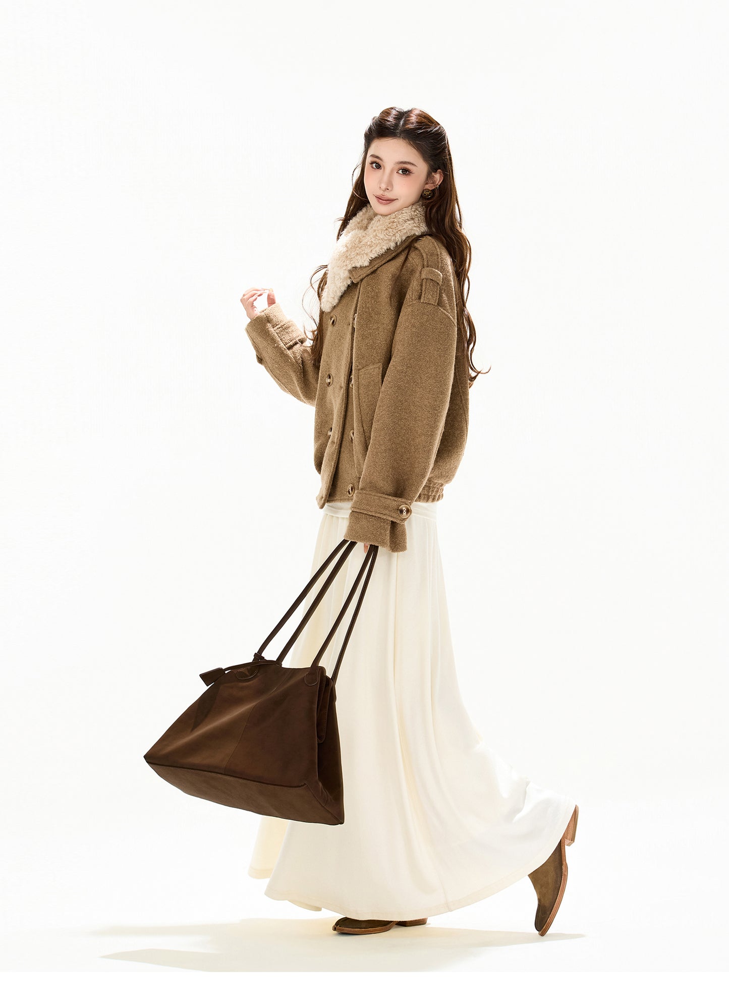 ASYMMETRIC FUR COLLAR WOOL COAT