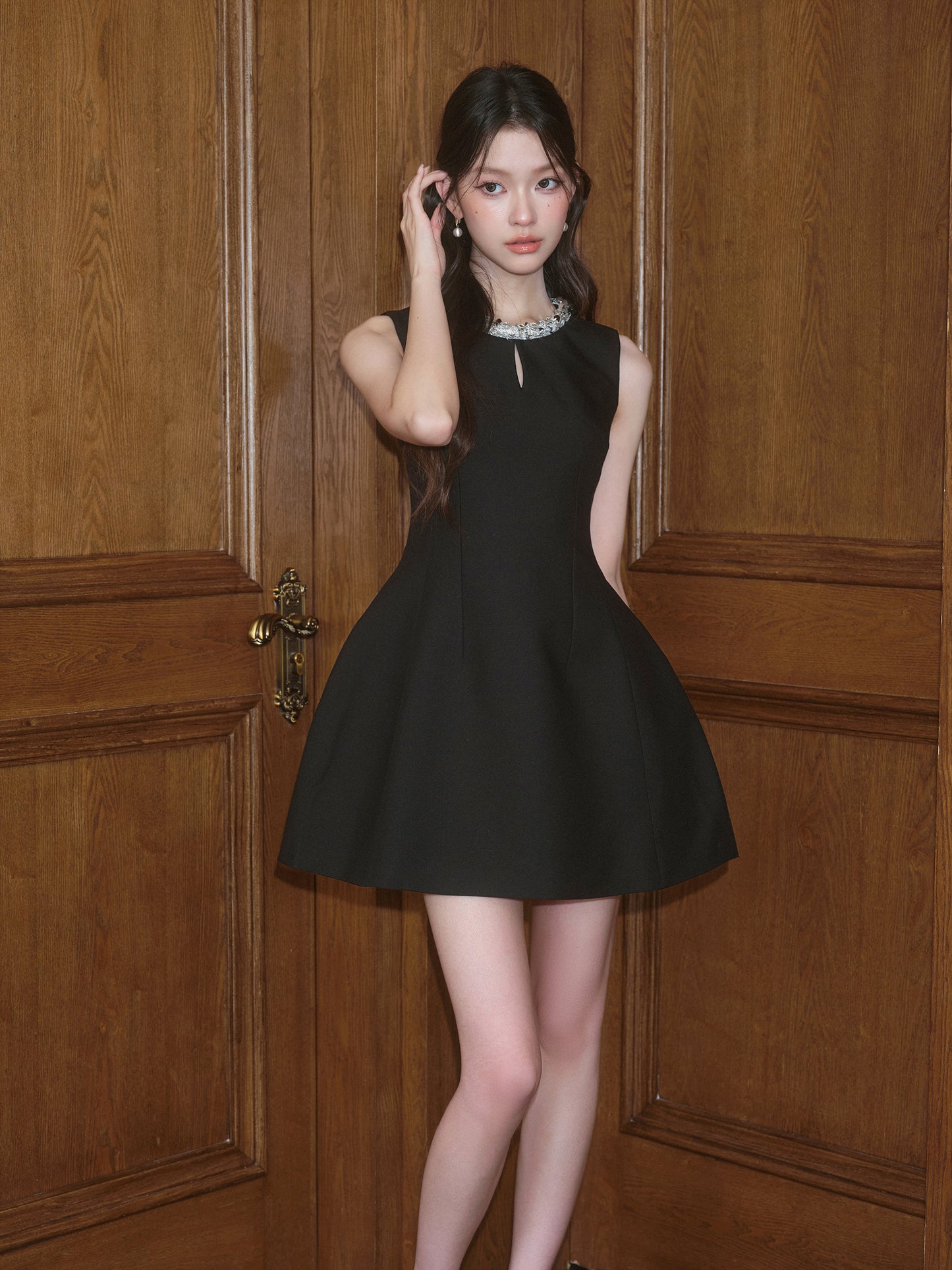 SEQUINED HOLLOW A-LINE FLOWER BUD DRESS
