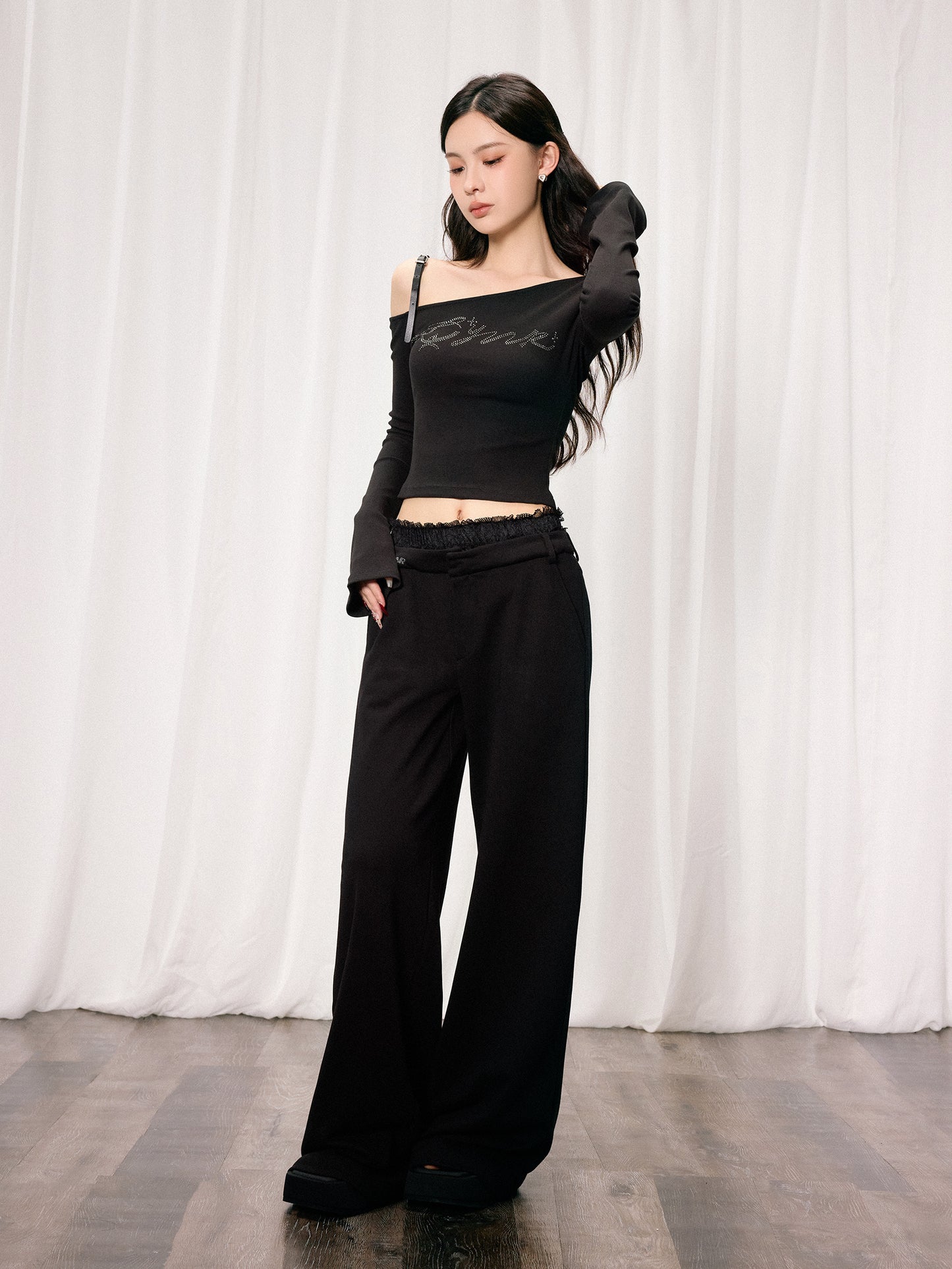 OFF-SHOULDER KNITTED RHINESTONE TOP & LACE PATCHWORK WIDE-LEG PANTS