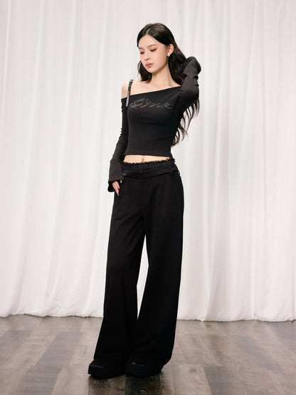 OFF-SHOULDER KNITTED RHINESTONE TOP & LACE PATCHWORK WIDE-LEG PANTS