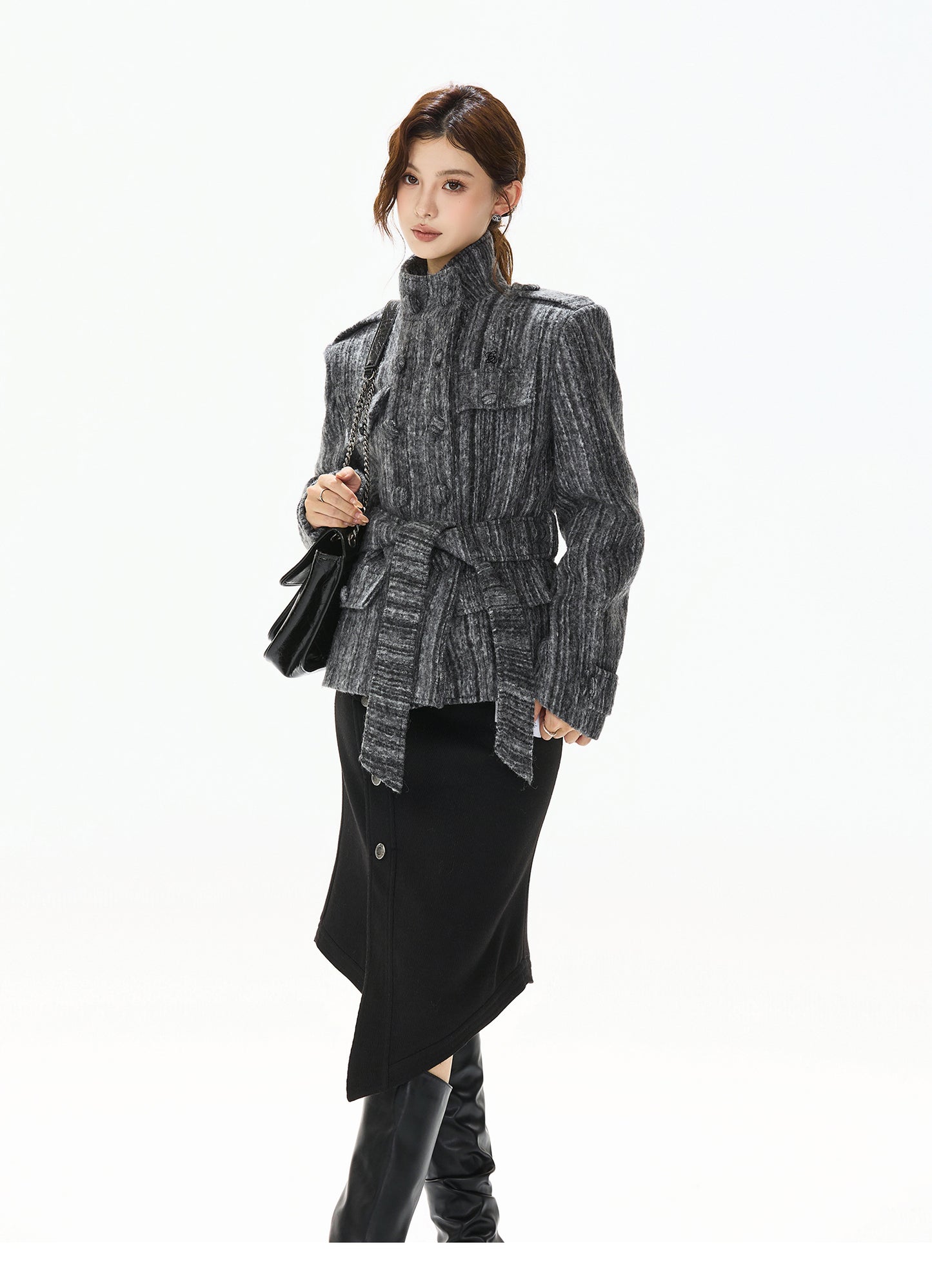 STRIPED TWEED WAISTED WOOL COAT