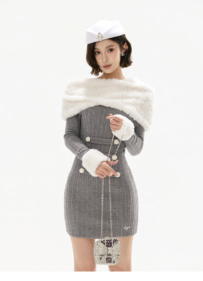 DETACHABLE FUR ONE-SHOULDER KNIT DRESS