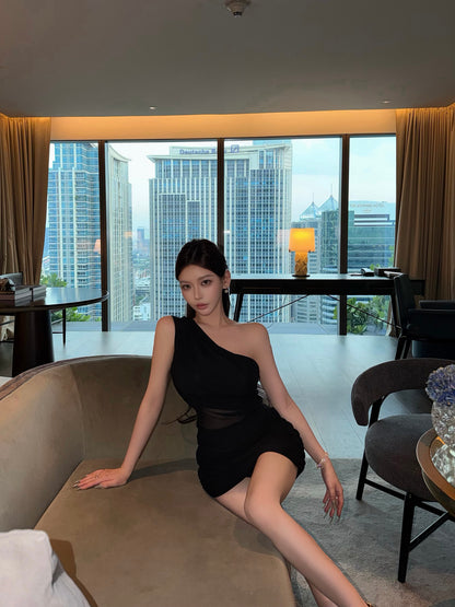 ONE SHOULDER MESH MINI DRESS