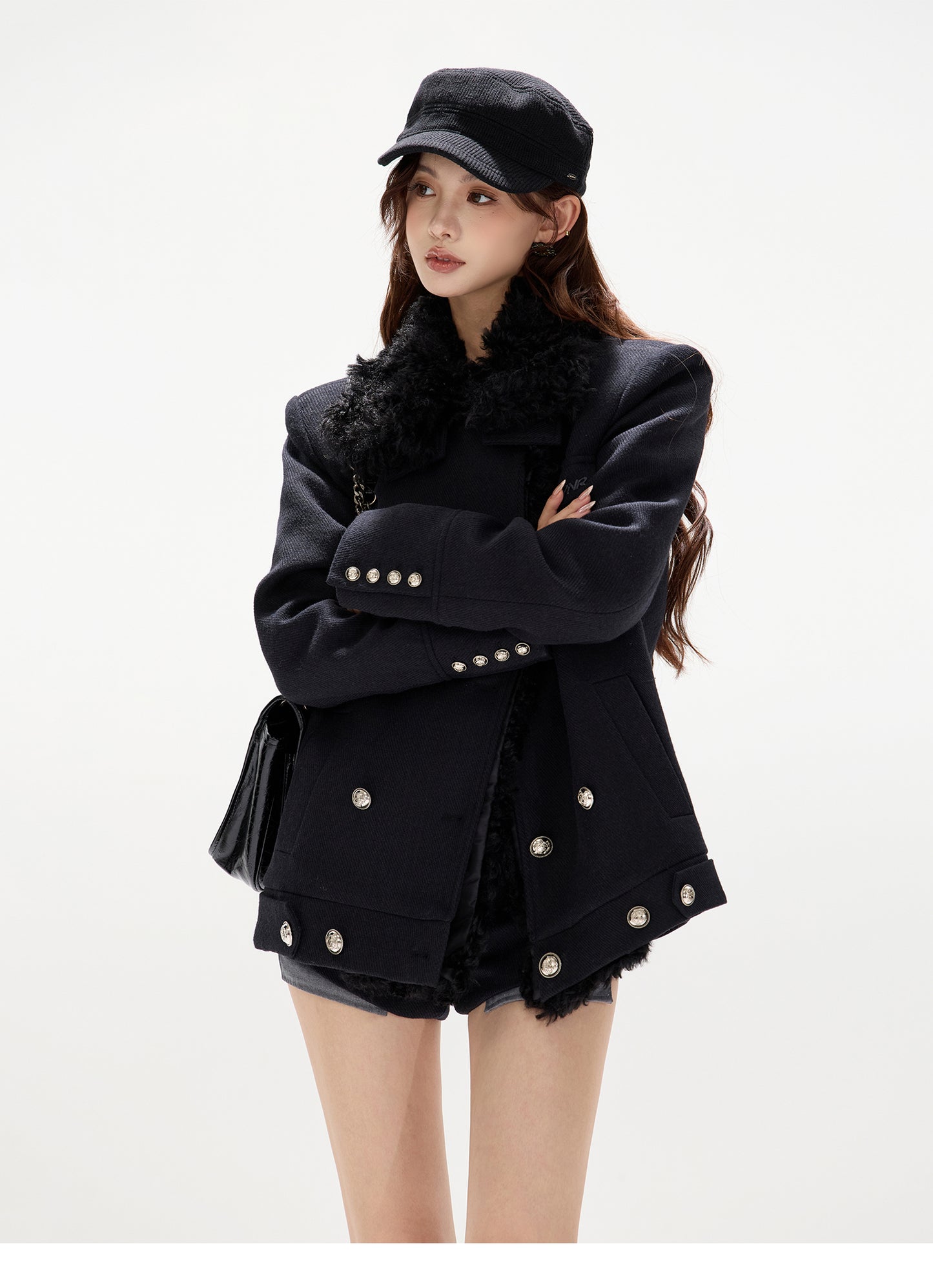 DOUBLE-BREASTED WOOL PADDED COAT WITH REMOVABLE FLEECE COLLAR