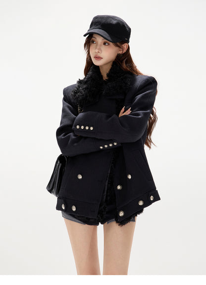 DOUBLE-BREASTED WOOL PADDED COAT WITH REMOVABLE FLEECE COLLAR