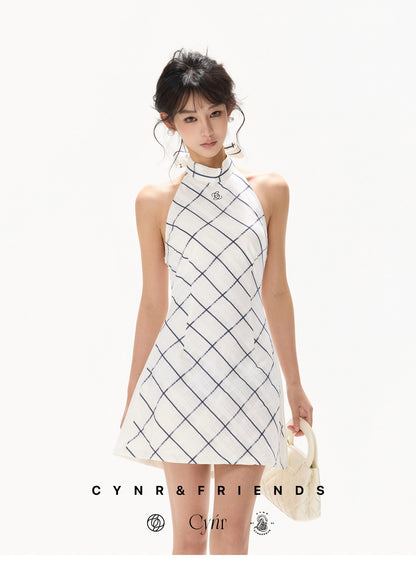 【日本在庫 】SILK HALTER CHECK DRESS