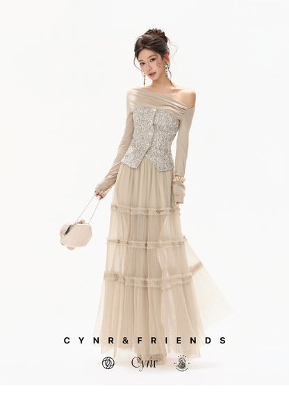 PLEATED TULLE LAYERED MAXI SKIRT