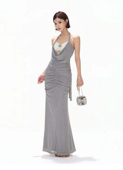 【日本在庫 】MISTY BLUE HALTER DRAPED TULLE DRESS