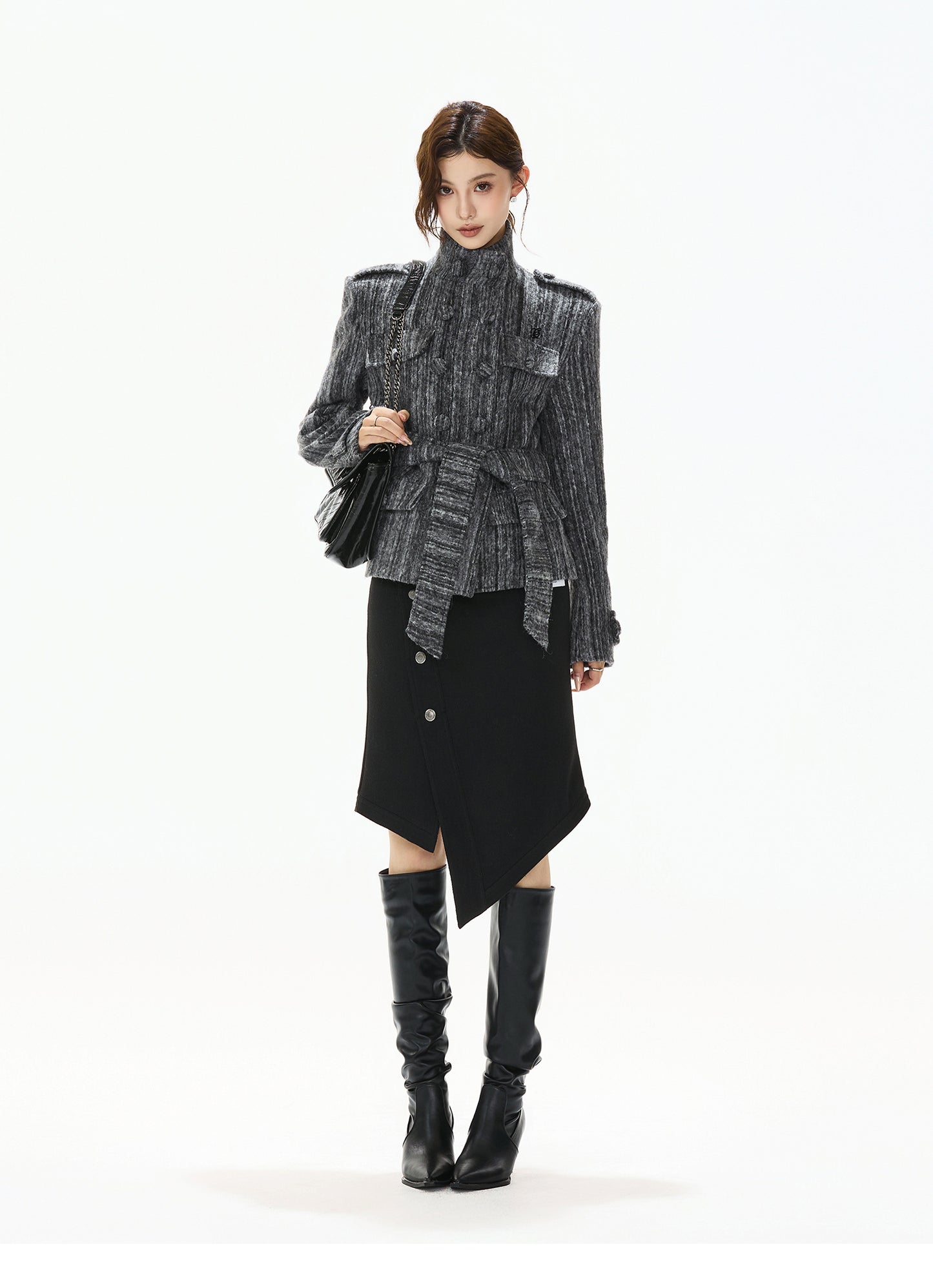 STRIPED TWEED WAISTED WOOL COAT