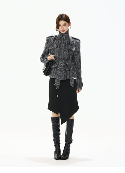 STRIPED TWEED WAISTED WOOL COAT