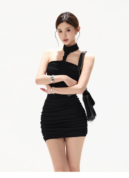 VELVET HALTER BODYCON MINI DRESS