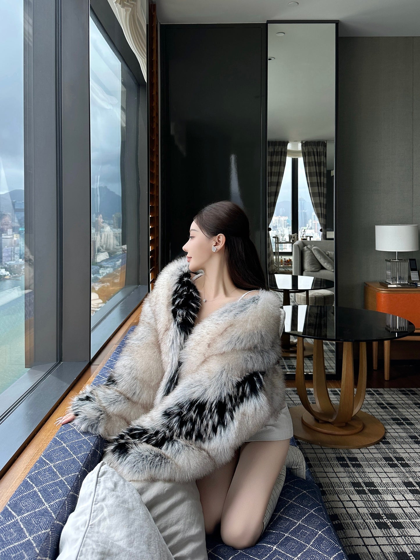 CRYSTAL BACKLESS EVENING DRESS & COLOR BLOCK ECO FUR JACKET