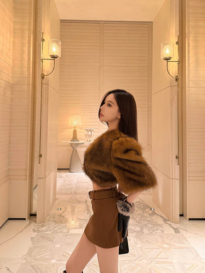 ECO FUR V-NECK SHORT JACKET & SUEDE BELTED MINI SKORT