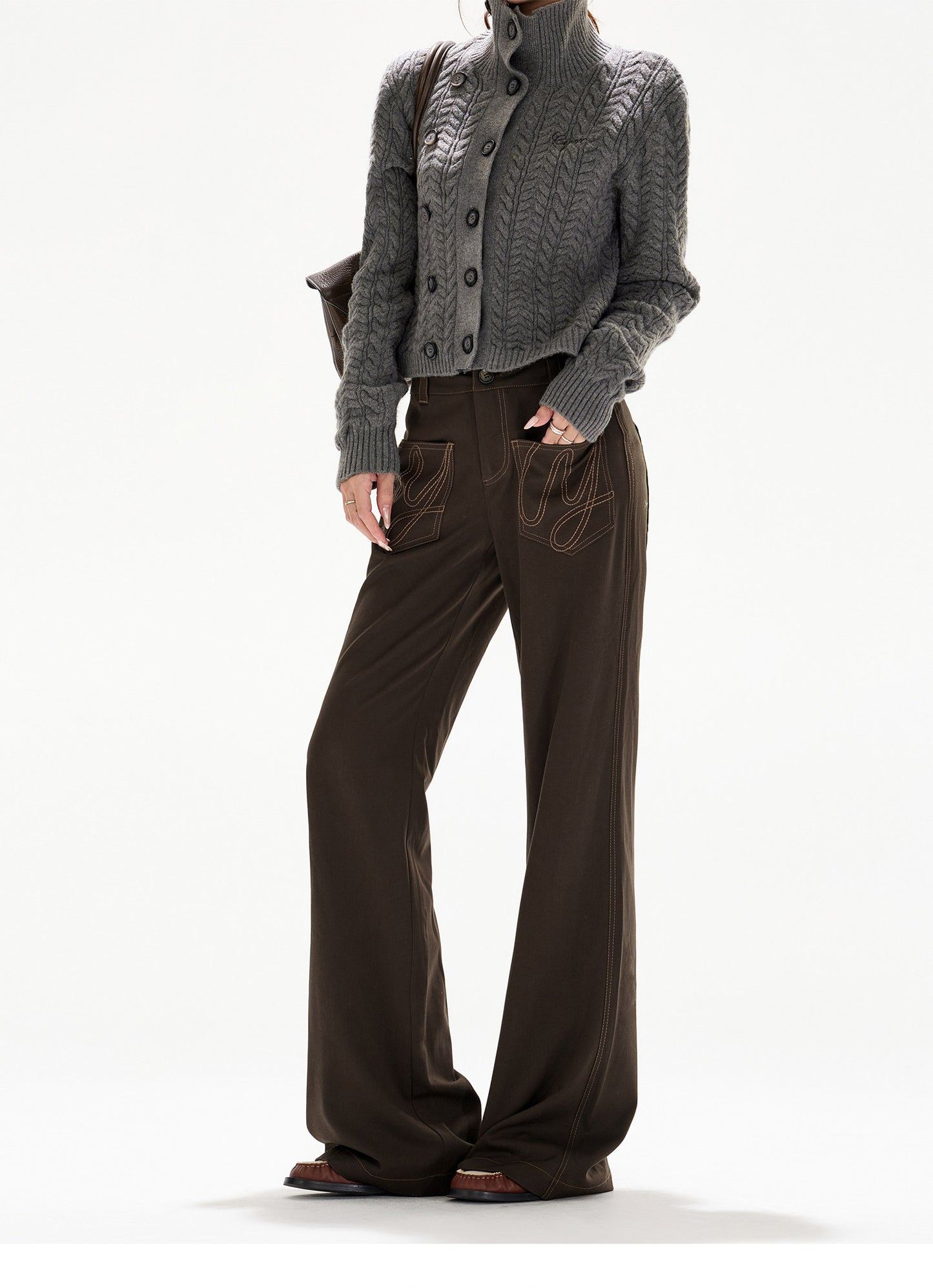 VINTAGE CABLE-KNIT HIGH-NECK WOOL CARDIGAN & VINTAGE CHECK STRAIGHT TROUSERS