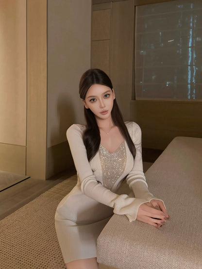 GALAXY CHAIN EMBELLISHED KNIT DRESS