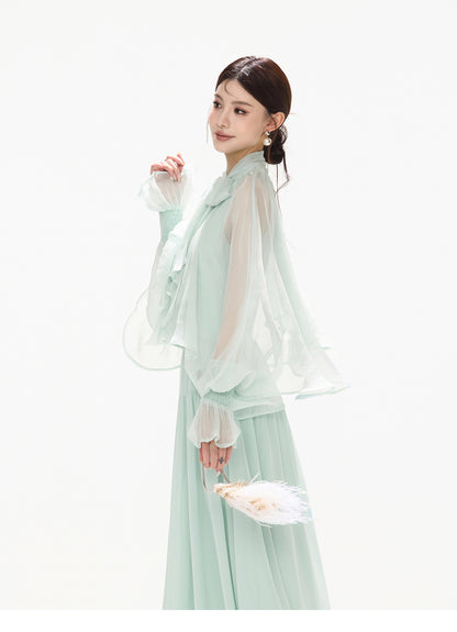 BOW HALTER ASYMMETRIC CHIFFON MAXI DRESS