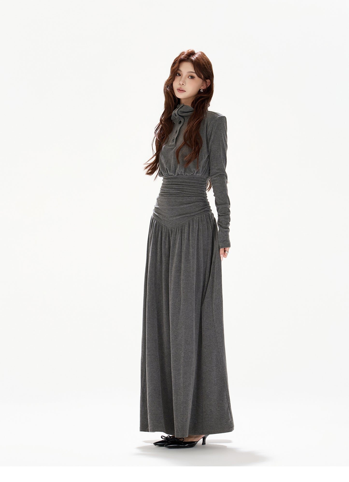 POLO COLLAR PLEATED WAIST A-LINE ONE-PIECE