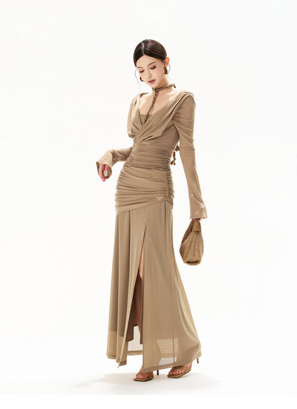【日本在庫 】FRENCH HALTER KNIT TULLE MAXI DRESS