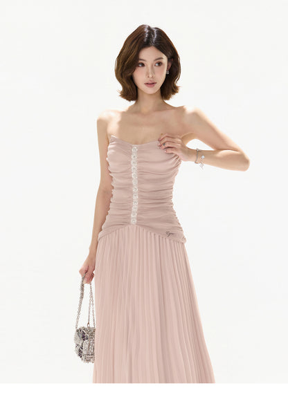 【日本在庫 】RHINESTONE PLEATED TULLE STRAPLESS DRESS