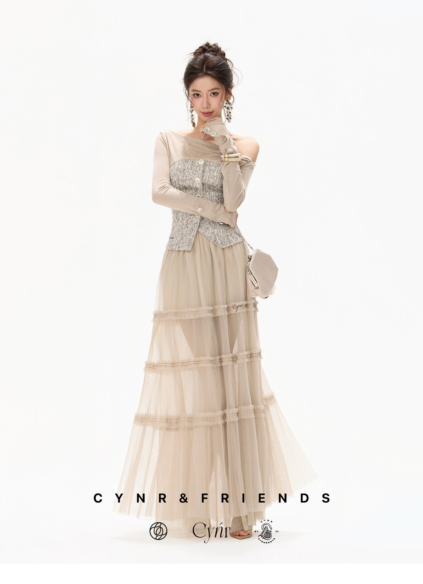 PLEATED TULLE LAYERED MAXI SKIRT