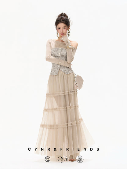 PLEATED TULLE LAYERED MAXI SKIRT