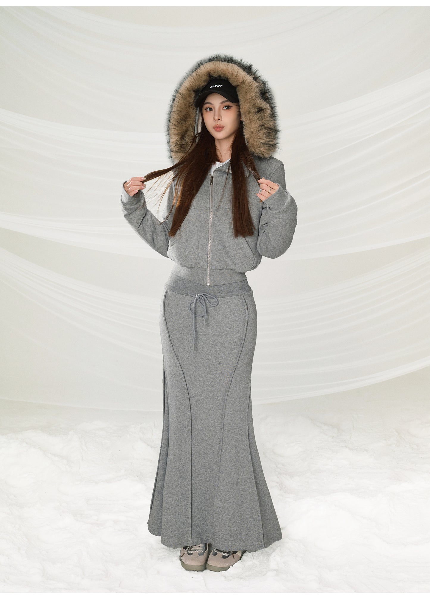 FUR COLLAR HOODED SWEATSHIRT & MERMAID SKIRT