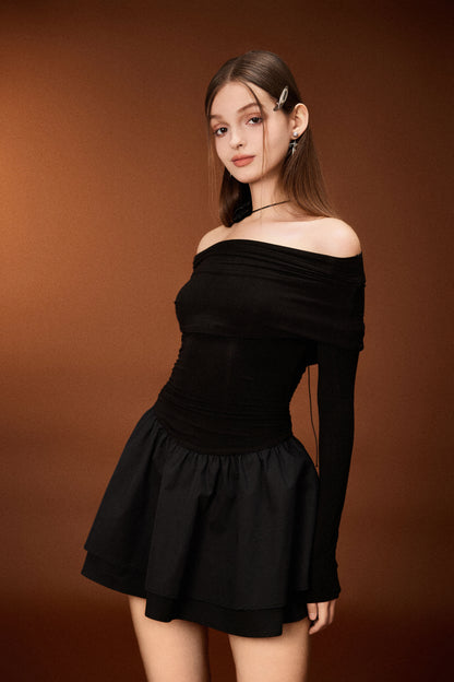 OFF SHOULDER KNITTED WAIST DRESS