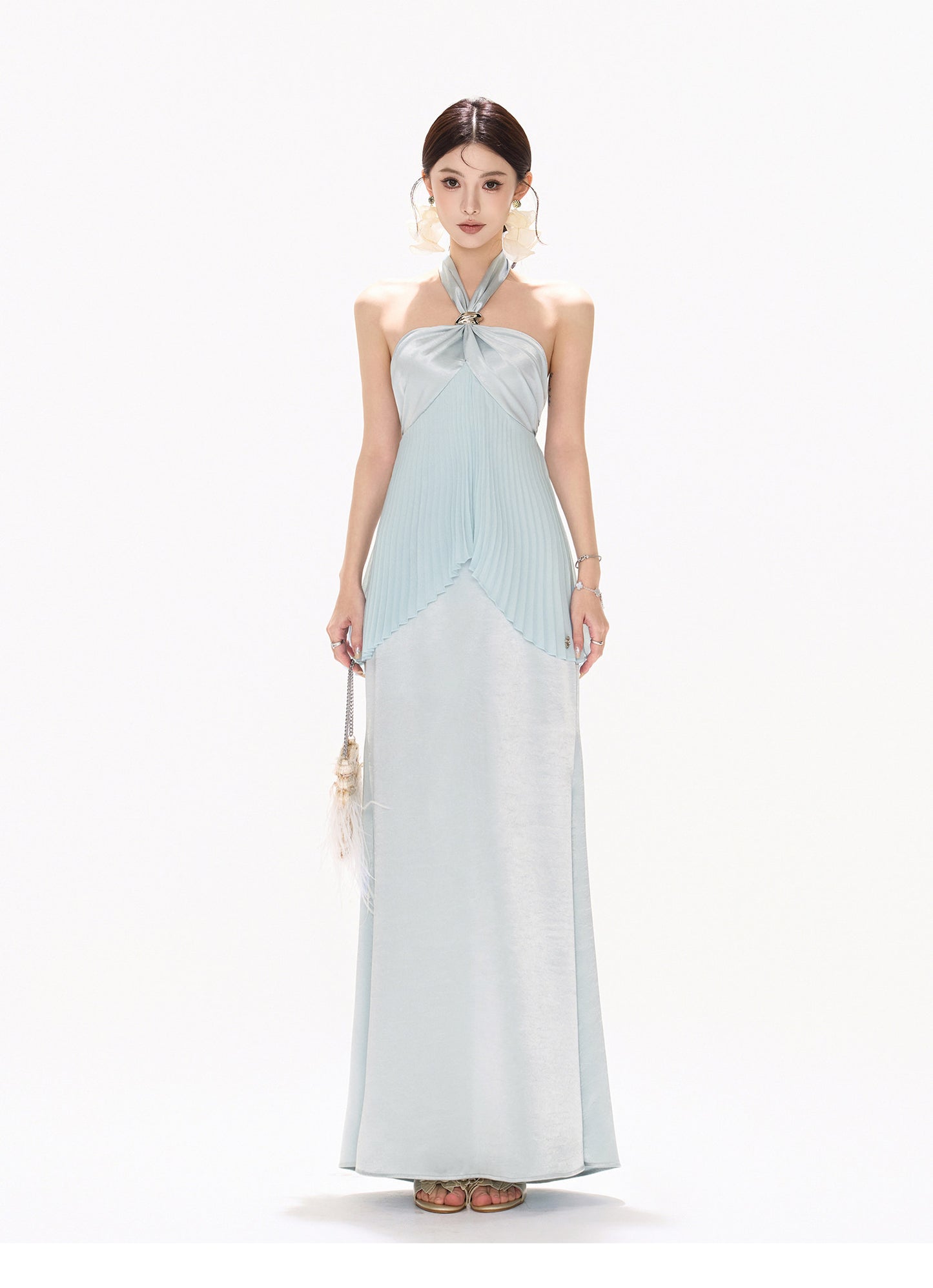 MIST BLUE PLEATED HALTER DRESS